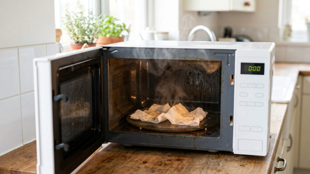Aquecer papel-toalha umedecido com vinagre no micro-ondas: a técnica que amolece a gordura incrustada nas paredes do forno em 3 minutos