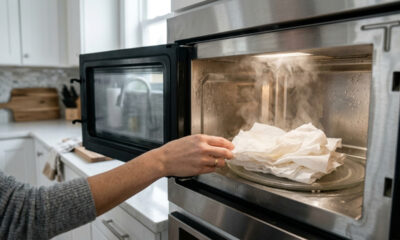 Aquecer papel-toalha umedecido com vinagre no micro-ondas: a técnica que amolece a gordura incrustada nas paredes do forno em 3 minutos