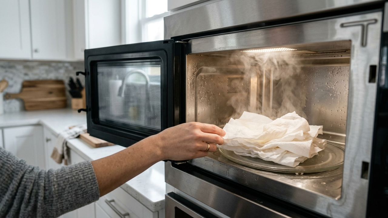 Aquecer papel-toalha umedecido com vinagre no micro-ondas: a técnica que amolece a gordura incrustada nas paredes do forno em 3 minutos