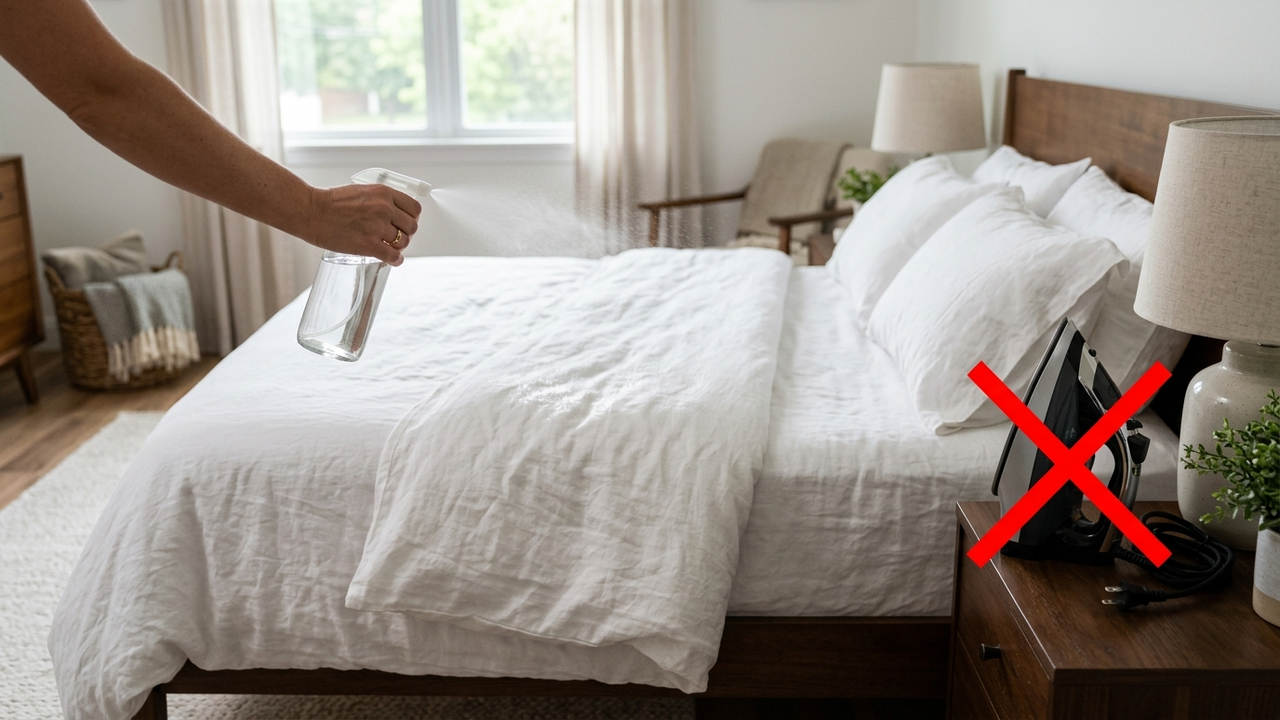 Borrifar mistura de álcool líquido com amaciante na cama: o segredo de hotel para desamassar lençóis e roupas de algodão sem usar o ferro quente