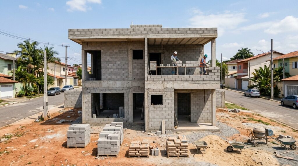 Levantei uma casa de 3 quartos em 8 meses usando blocos estruturais em vez de tijolo comum, economizei R$ 28 mil só em reboco e ainda ganhei 3 semanas de prazo