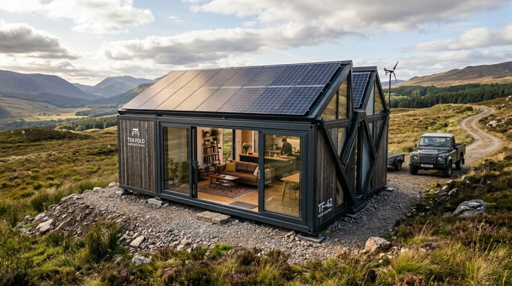 Casa modular de 50 m² chega fechada no tamanho de uma carga de caminhão, descarrega a si própria e se transforma em poucos minutos até virar uma residência completa com cozinha, banheiro, móveis, energia e armazenamento