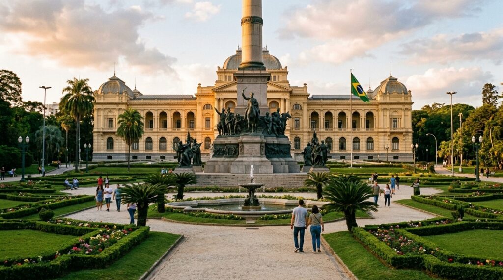 Construída no século XIX para homenagear a independência brasileira, a Estátua do Ipiranga utiliza uma composição monumental de esculturas e elementos arquitetônicos para representar acontecimentos históricos do país