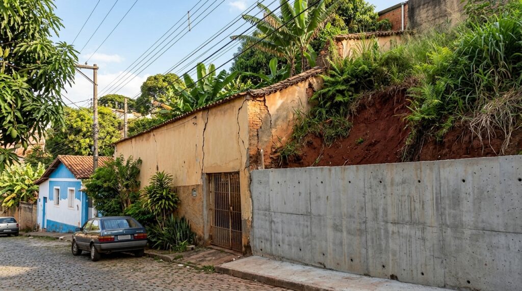 Morador usa o muro construído pelo vizinho para ampliar a área do quintal, a estrutura cede e o espaço precisa ser reconstruído
