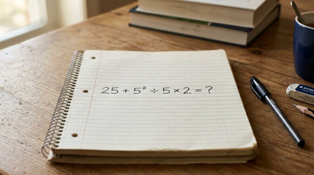 Essa conta viraliza porque muita gente chega a respostas diferentes: 25 + 5² ÷ 5 × 2