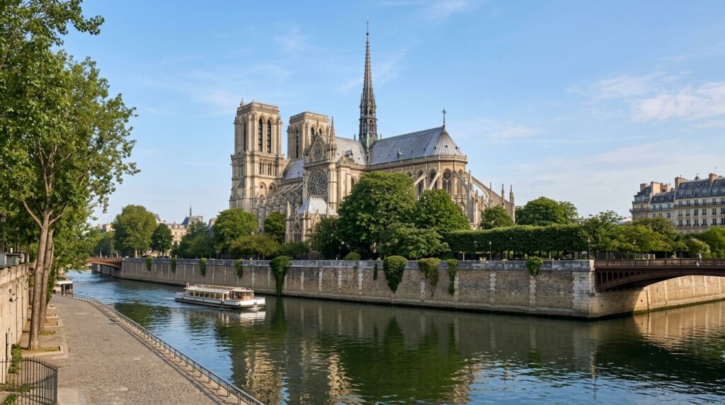 Construída entre 1163 e 1345 em Paris, a Catedral de Notre-Dame sobreviveu a um incêndio em 2019 e foi reaberta ao público após restauração