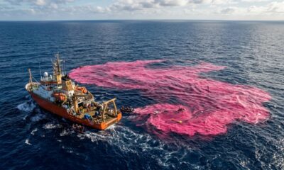 Cientistas tingem parte do oceano de rosa e despejam 62 mil litros de soda cáustica em um experimento para combater as mudanças climáticas