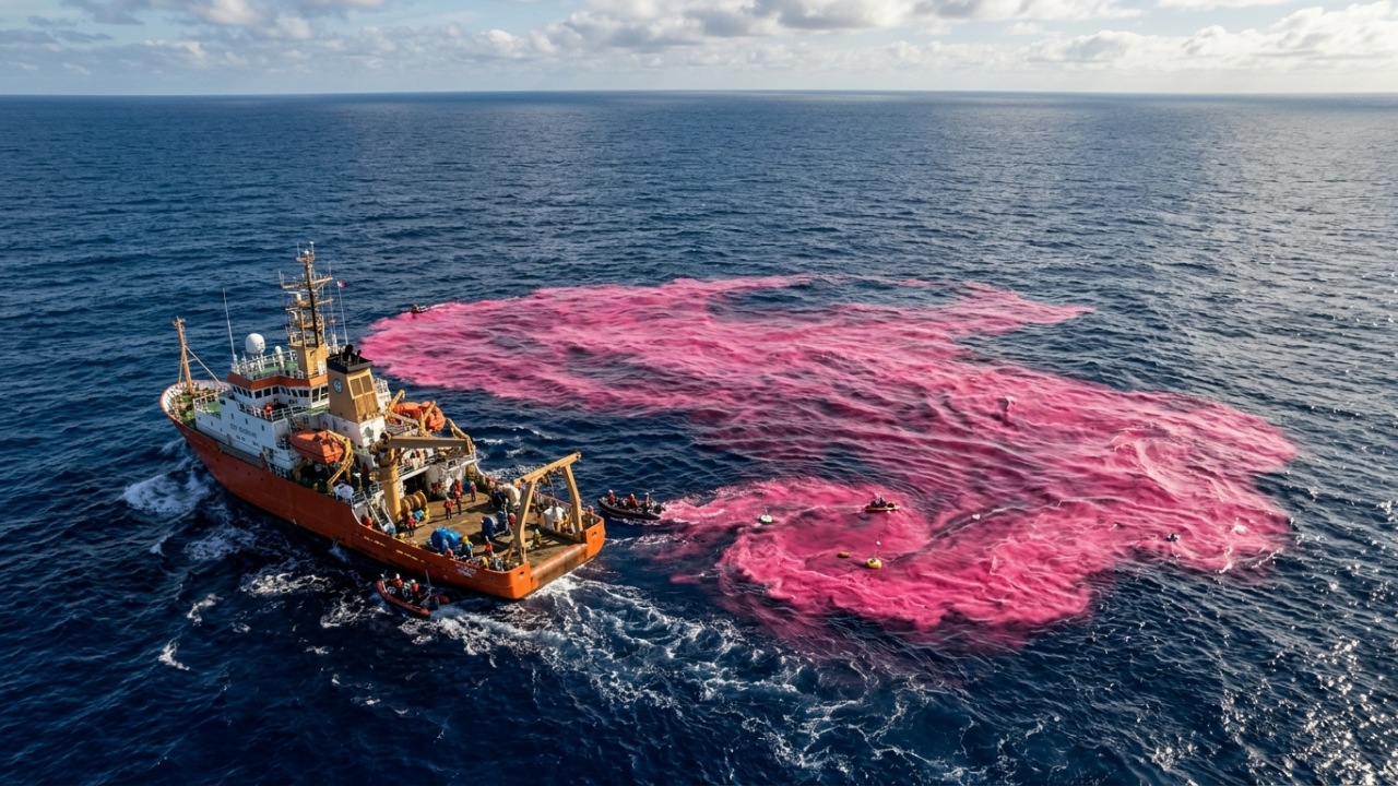 Cientistas tingem parte do oceano de rosa e despejam 62 mil litros de soda cáustica em um experimento para combater as mudanças climáticas
