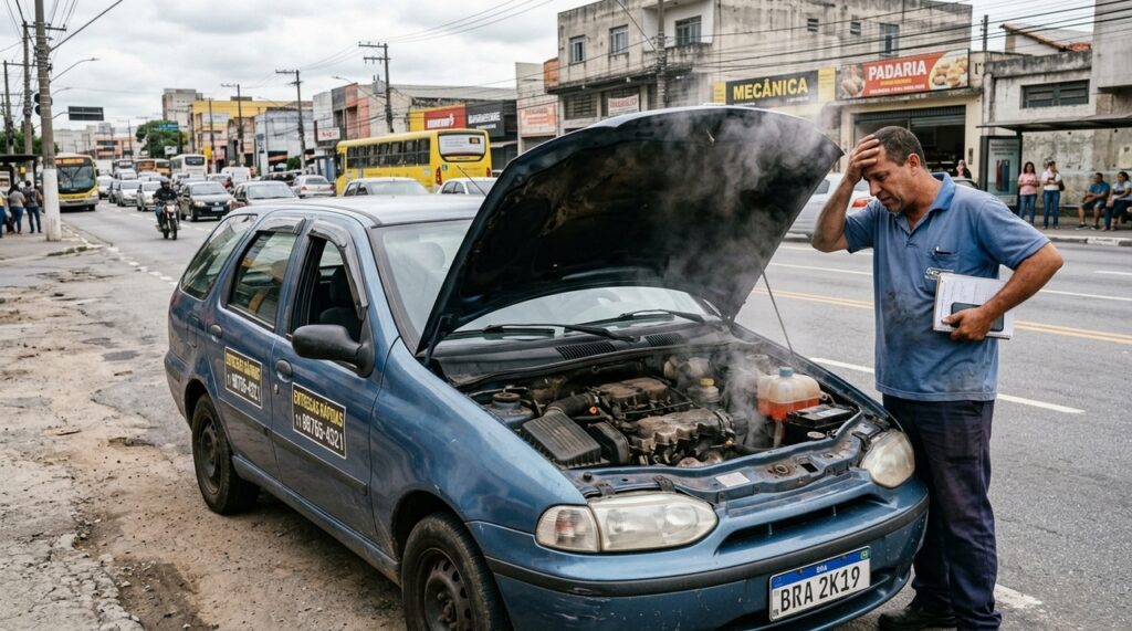 Motoboy compra carro usado por R$ 42 mil, financia em 48 vezes com parcela de R$ 1.180 e, no terceiro mês, o motor ferve no trânsito. O conserto de R$ 7.500 consome mais de seis meses de trabalho, e ele precisa escolher entre consertar ou parar de pagar