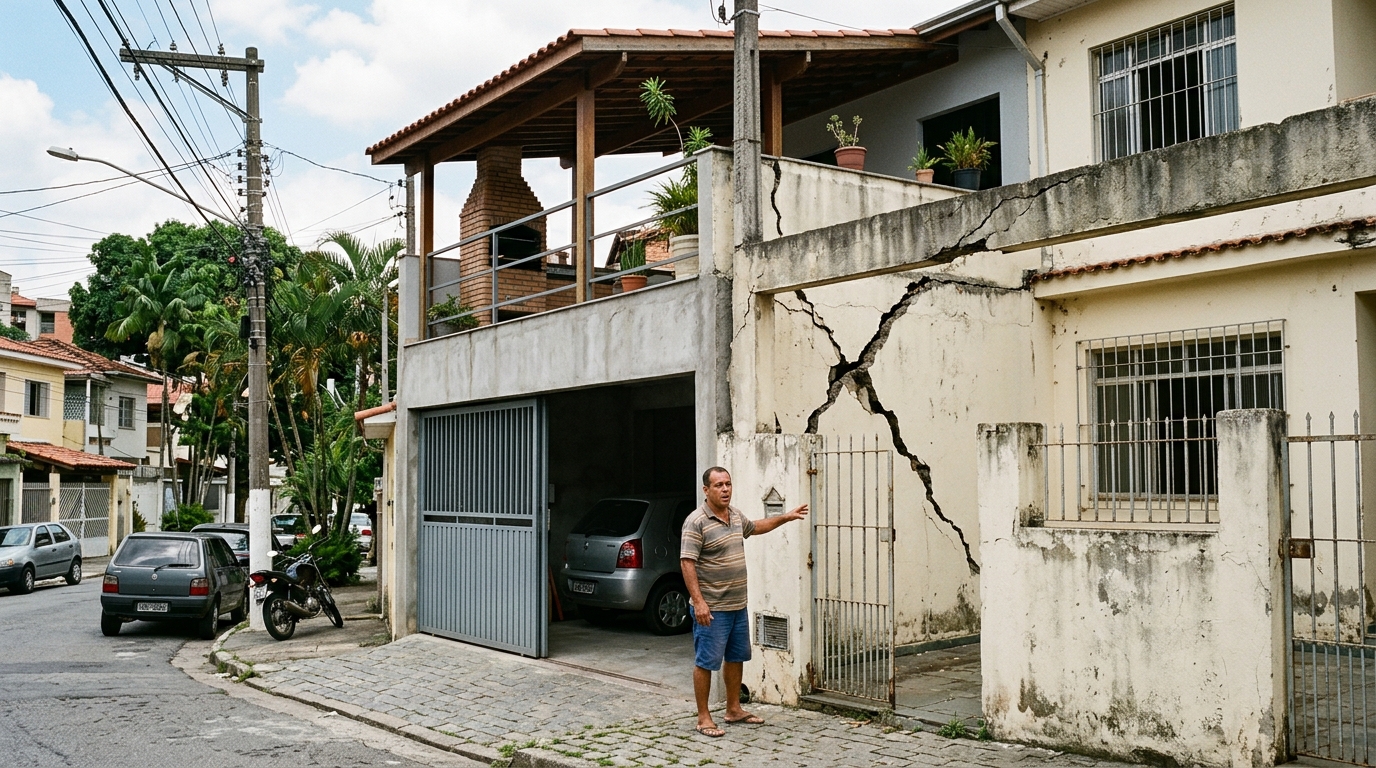 Vizinho constrói laje sobre a garagem e transforma em terraço com churrasqueira, peso extra racha a viga da casa geminada ao lado e Justiça manda demolir e pagar R$ 27 mil