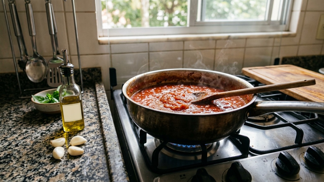 Chefs de cozinha concordam: “Para o molho de tomate não ficar ácido, não use açúcar, mas 3 dentes de alho, 150 ml de azeite e um cozimento feito com mais calma.”