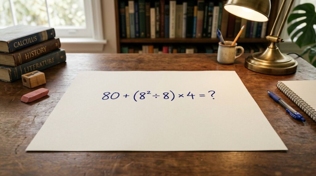 O desafio 80 + (8² ÷ 8) × 4 parece fácil, mas engana muita gente
