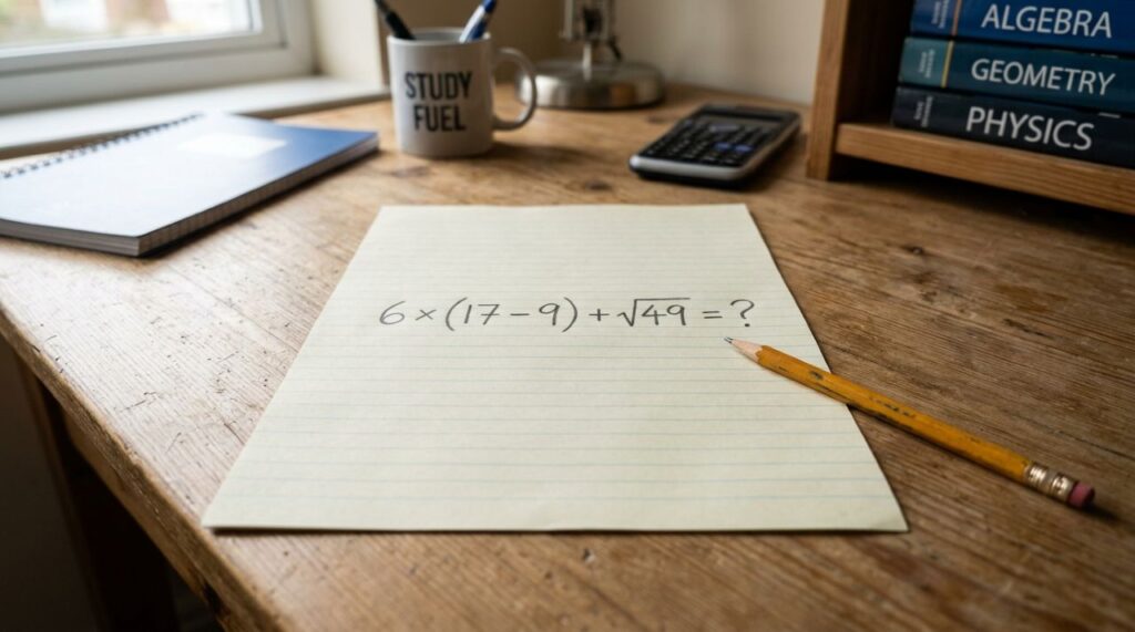 Você tem 30 segundos para descobrir o resultado desta expressão 6 × (17 − 9) + √49