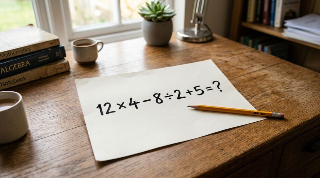 Resolva 12 × 4 − 8 ÷ 2 + 5 e prove que sua memória escolar continua afiada