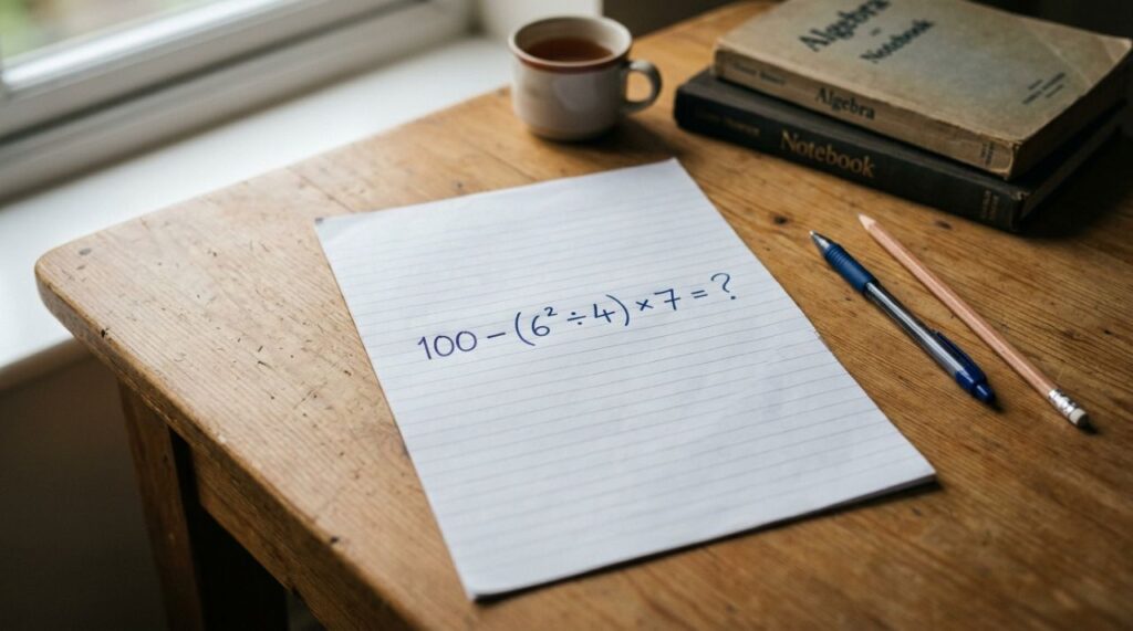 Sem usar a calculadora, você consegue resolver 100 − (6² ÷ 4) × 7?
