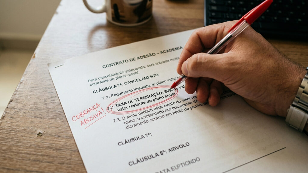 Aluno cancela plano anual de academia, sofre cobrança de multa abusiva de 50% e Justiça reduz a penalidade ao teto máximo de 10% do contrato