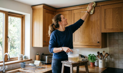 Lavar armários de cozinha com água morna e detergente neutro: o truque simples que derrete a gordura acumulada nas partes altas sem estragar