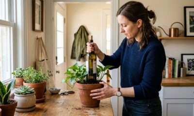 Colocar uma garrafa de vinho com água no vaso de plantas: o truque dos jardineiros que pode ajudar a manter as plantas regadas por mais tempo