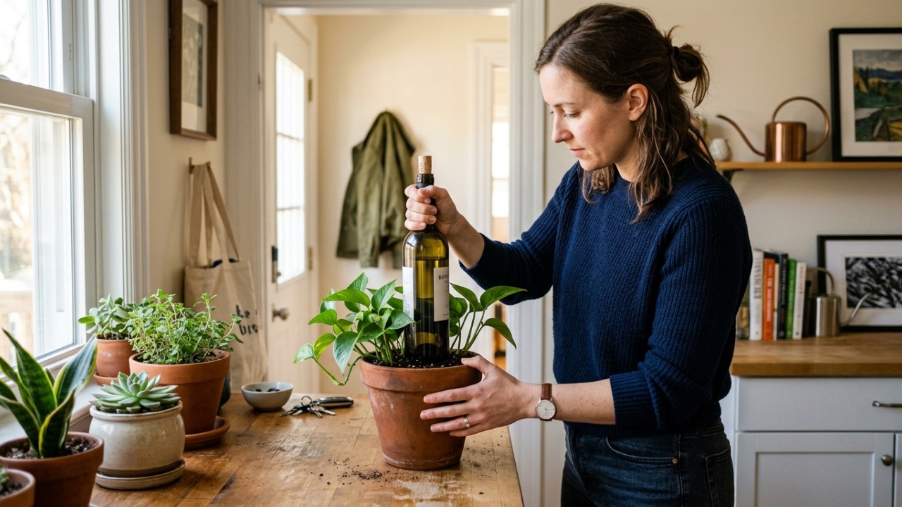 Colocar uma garrafa de vinho com água no vaso de plantas: o truque dos jardineiros que pode ajudar a manter as plantas regadas por mais tempo