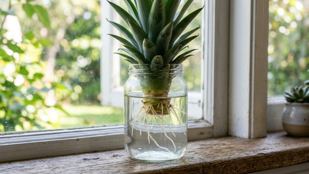 Como plantar abacaxi em vaso usando apenas a coroa da fruta comprada na feira: o passo a passo simples de enraizamento na água