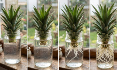 Como plantar abacaxi em vaso usando apenas a coroa da fruta comprada na feira: o passo a passo simples de enraizamento na água