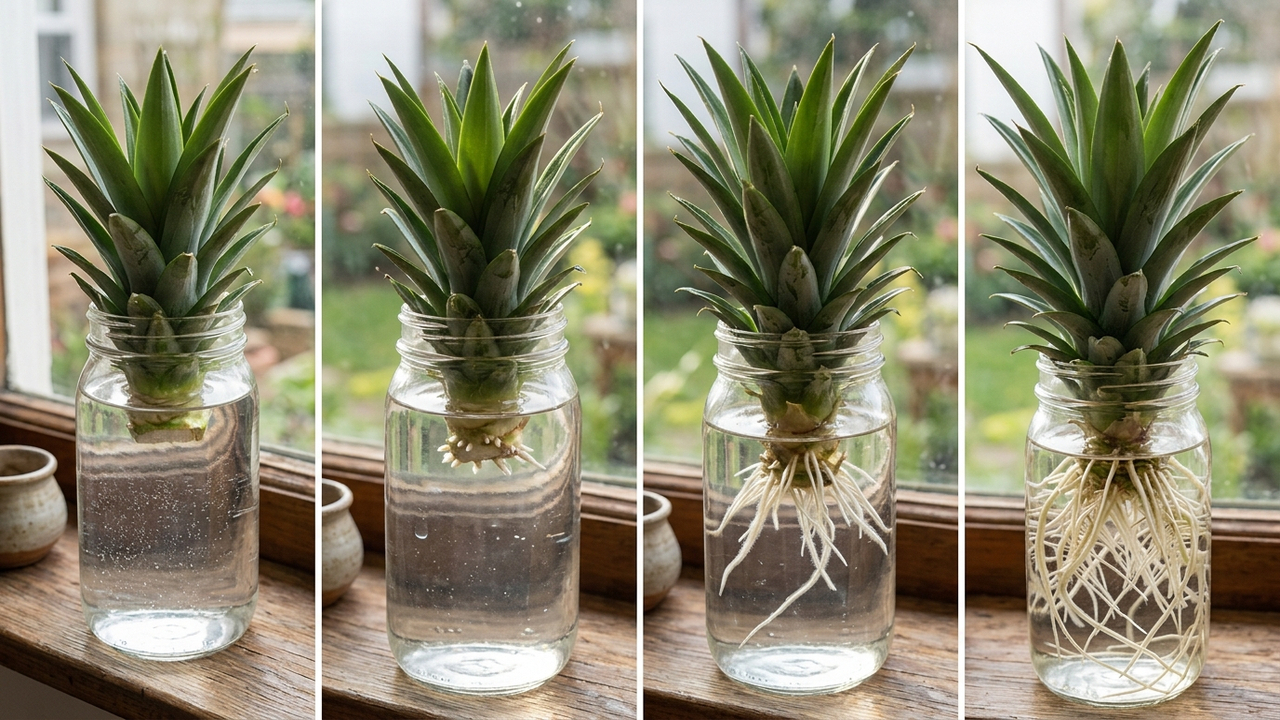 Como plantar abacaxi em vaso usando apenas a coroa da fruta comprada na feira: o passo a passo simples de enraizamento na água