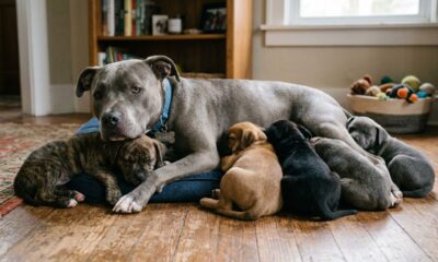 Pit bull resgatado com apenas 4 semanas cresce, vira “babá” e ajuda a cuidar de mais de 500 filhotes