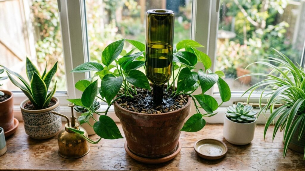 Colocar uma garrafa de vinho com água no vaso de plantas: o truque dos jardineiros que pode ajudar a manter as plantas regadas por mais tempo