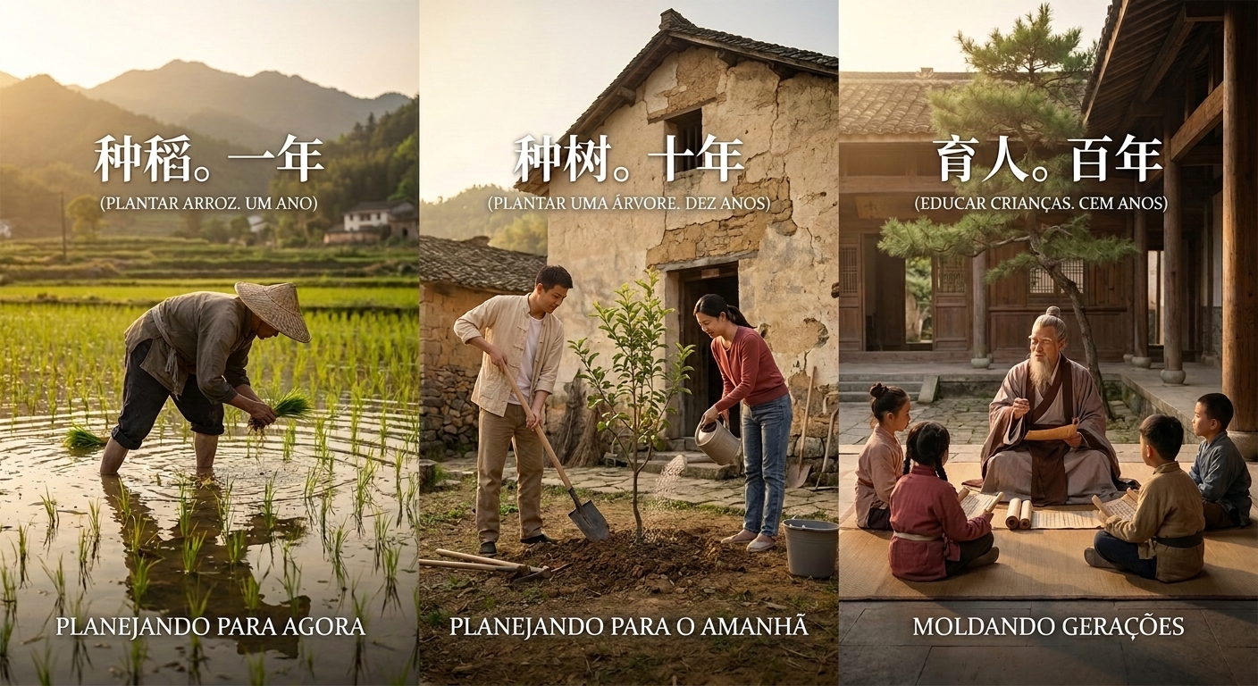 Provérbio chinês do dia: "Se seus planos são para um ano, plante arroz; se são para dez anos, plante árvores; se são para cem anos, eduque as crianças" — um ditado que ensina sobre visão de longo prazo e como devemos escolher o que plantar conforme o tempo que queremos colher