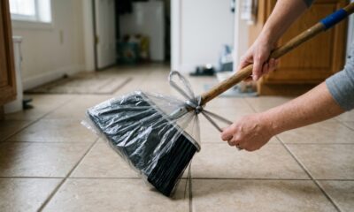 Antes de varrer, coloque uma sacola plástica na vassoura: o truque antigo que muita gente usa para juntar sujeira, pelos e cabelos com menos esforço