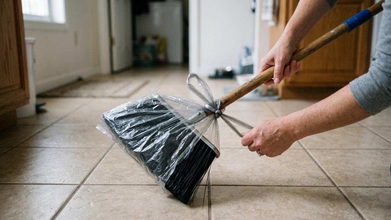 Antes de varrer, coloque uma sacola plástica na vassoura: o truque antigo que muita gente usa para juntar sujeira, pelos e cabelos com menos esforço