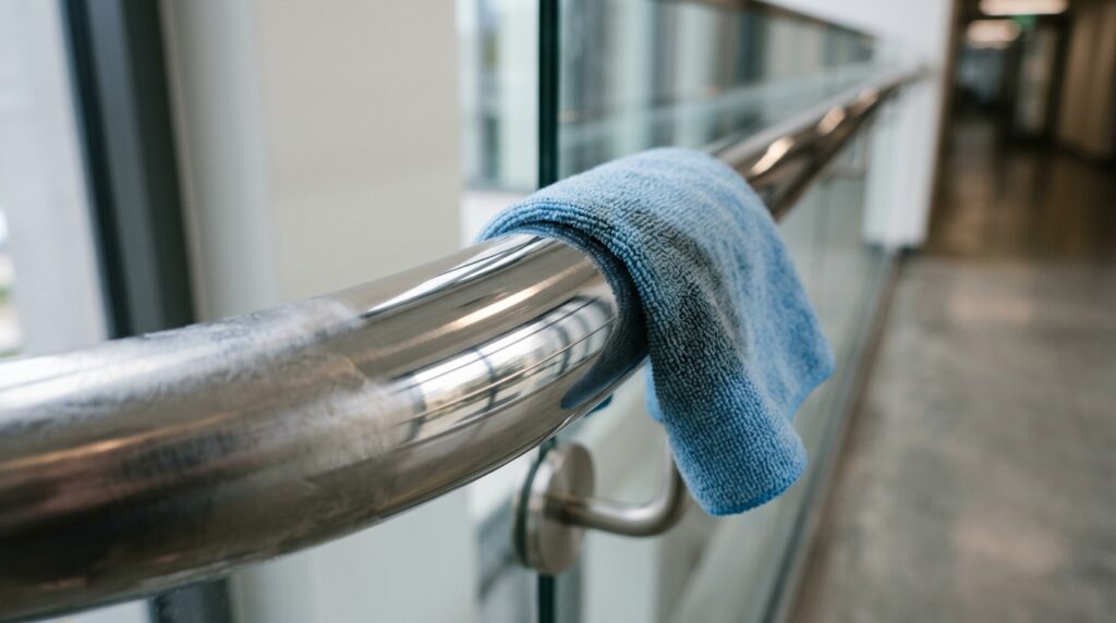 Metalúrgico mostra como recuperar o acabamento do corrimão de inox usando polimento profissional para remover marcas de uso sem instalar uma peça nova
