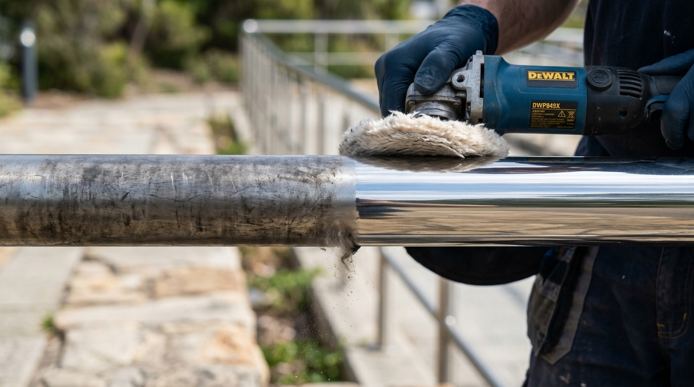 Metalúrgico mostra como recuperar o acabamento do corrimão de inox usando polimento profissional para remover marcas de uso sem instalar uma peça nova