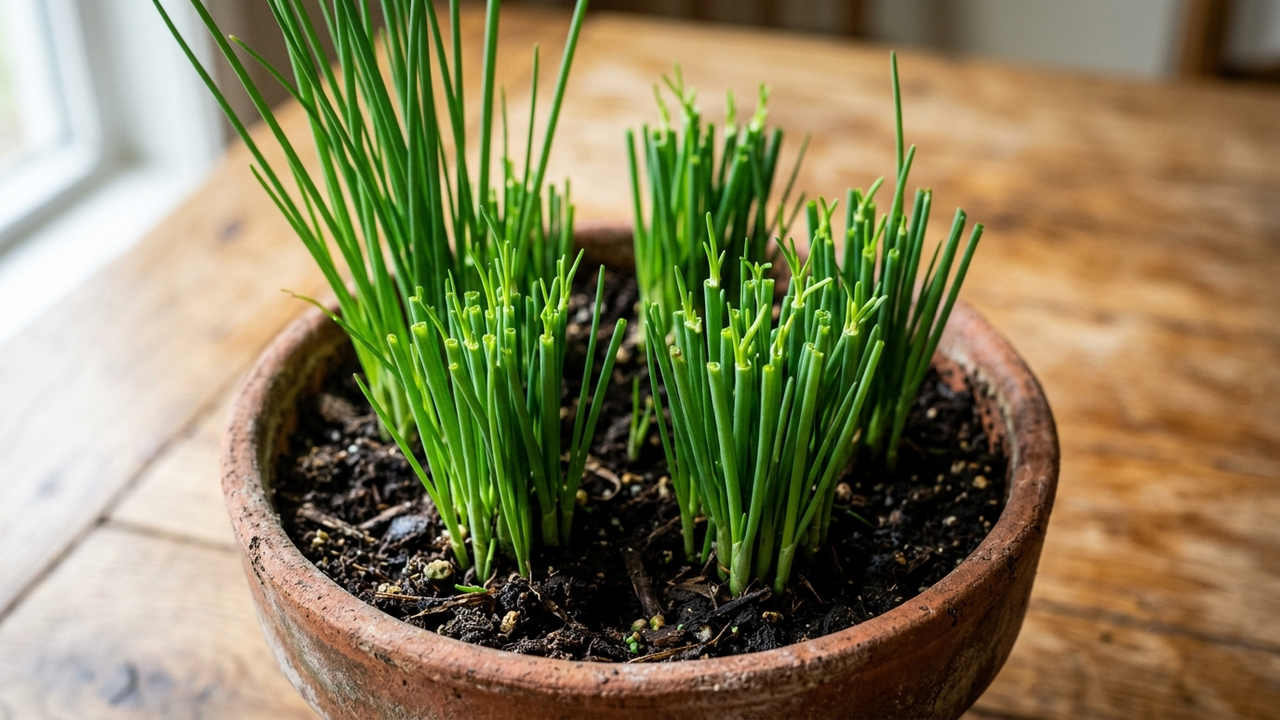 Cortar a folha verde no lugar exato sem matar a planta mãe: o passo a passo para colher cebolinha infinita no vaso da sua cozinha