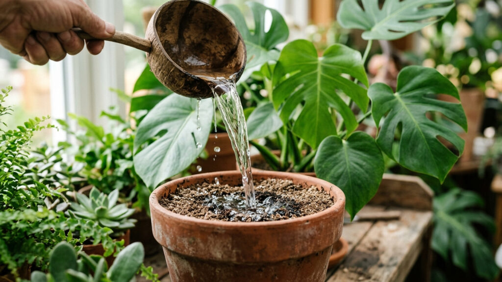 Regar a terra com água de coco natural: o truque rico em eletrólitos e potássio para recuperar folhagens que murcharam após dias de calor extremo