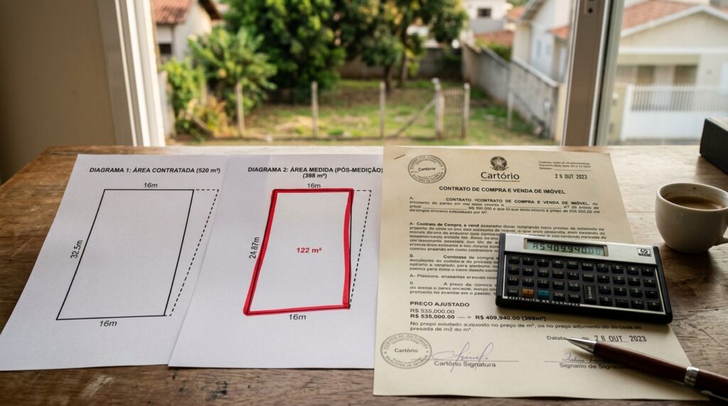Comprador adquire terreno anunciado com 1.000 m², manda medir e encontra apenas 840 m², e descobre que a lei permite exigir abatimento no preço ou até desfazer o negócio