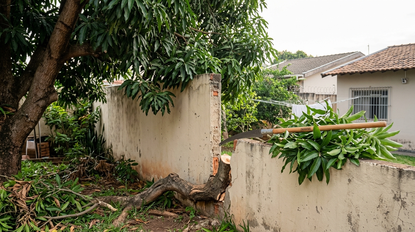 Vizinho planta mangueira no próprio quintal, 9 anos depois os galhos cobrem metade do terreno ao lado e as raízes levantam R$ 15 mil em piso, e o morador prejudicado descobre que a lei o autoriza a cortar tudo até o limite da divisa por conta própria