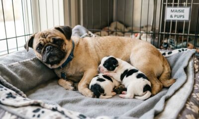 Pug resgatada surpreende cuidadores ao dar à luz dois filhotes com aparência de “vaquinhas” e cena encanta a internet