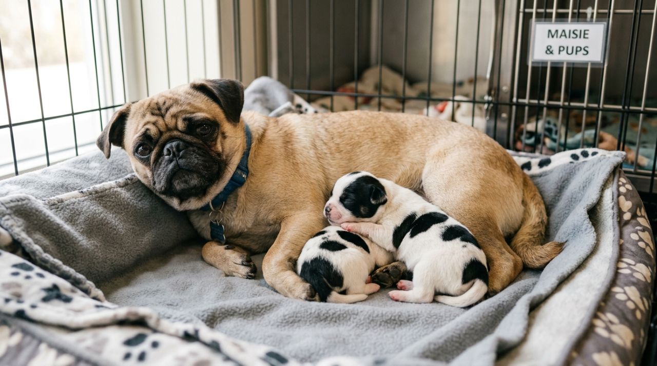 Pug resgatada surpreende cuidadores ao dar à luz dois filhotes com aparência de “vaquinhas” e cena encanta a internet