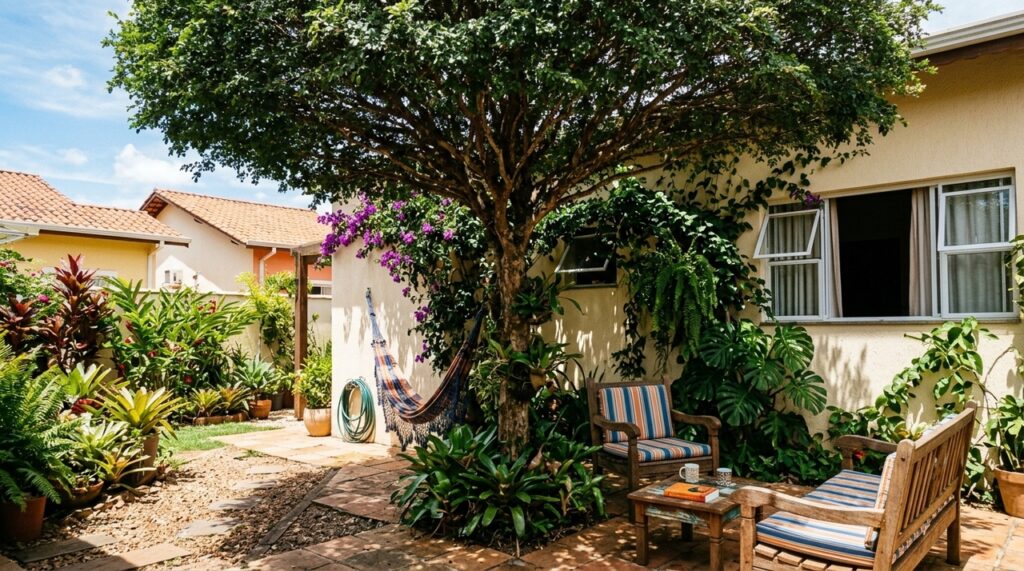 Morador cultiva árvores no quintal para reduzir a temperatura e deixa espaço suficiente para as raízes não atingirem os muros