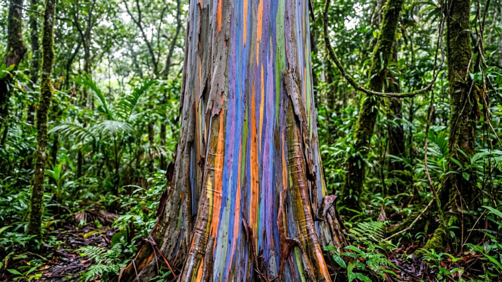 A árvore mágica cuja casca descasca sozinha revelando um tronco impressionante com tons neon de azul, roxo, laranja e verde