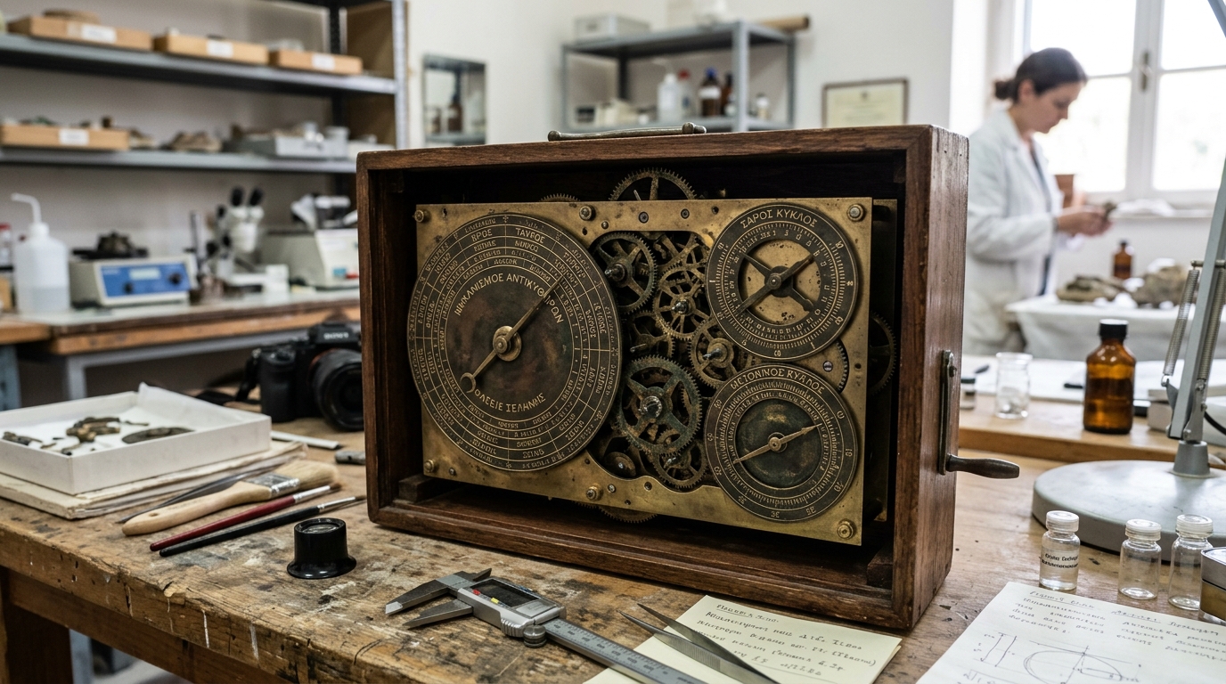 O mecanismo de Anticitera recuperado de um naufrágio romano em 1901 acabou sendo um computador de bronze acionado manualmente que podia prever eclipses e rastrear a órbita irregular da Lua, e nada de complexidade mecânica comparável apareceria em qualquer lugar da Terra por mais 1.400 anos
