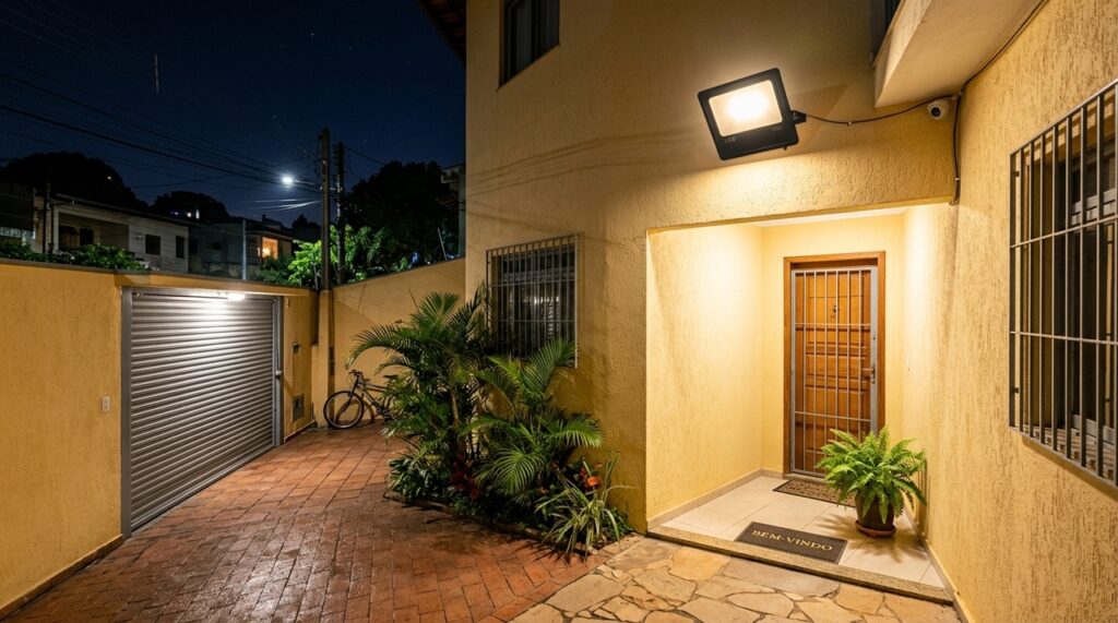 Morador instala refletor no corredor externo e percebe como a posição da luz muda a área iluminada durante a noite