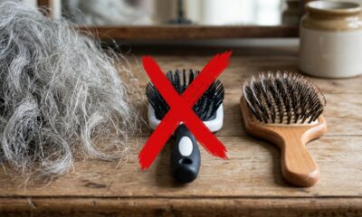 Especialistas concordam que evitar escovas de plástico pode ajudar a reduzir o frizz dos cabelos grisalhos e deixar os fios mais alinhados