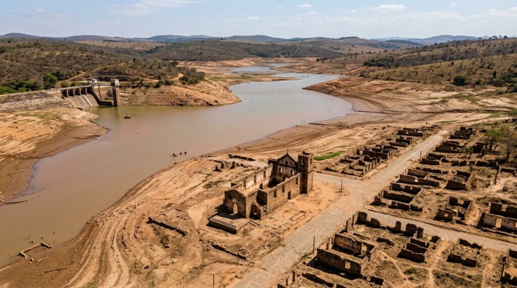 A cidade brasileira que ficou submersa por mais de 40 anos e reapareceu quando uma forte seca fez o nível da represa baixar drasticamente
