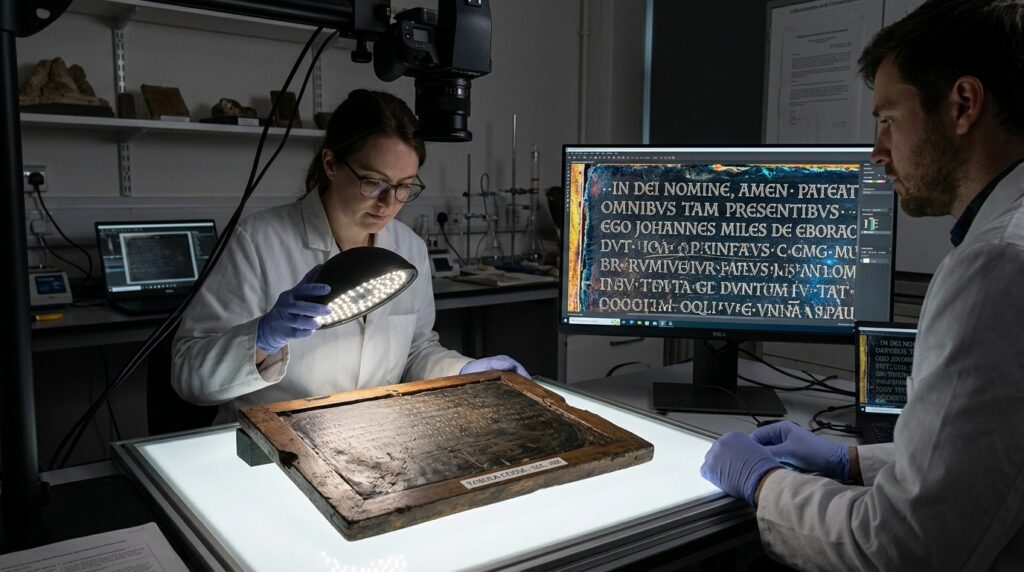 De uma latrina medieval na Alemanha, arqueólogos extraíram um caderno de couro imaculado que preservou a cursiva latina por séculos