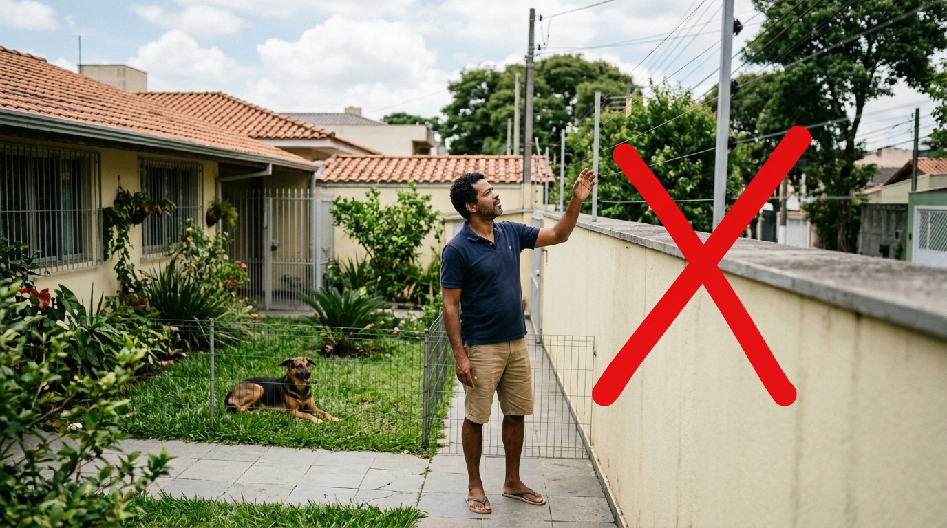 Vizinho instala cerca elétrica no muro de divisa sem avisar, cachorro do morador ao lado encosta e leva choque, e dono do animal descobre que a instalação sem sinalização gera responsabilidade civil e criminal