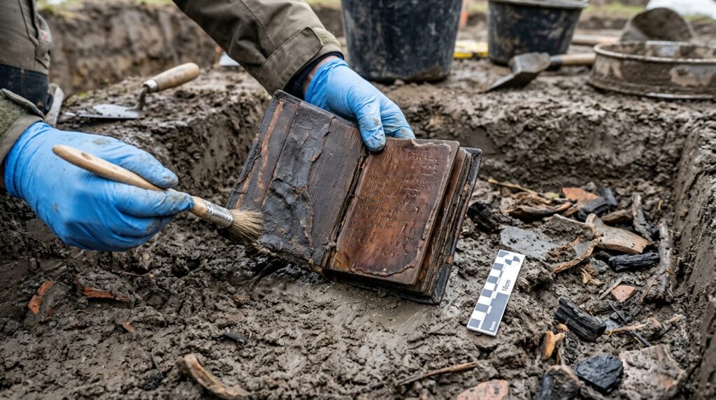 De uma latrina medieval na Alemanha, arqueólogos extraíram um caderno de couro imaculado que preservou a cursiva latina por séculos