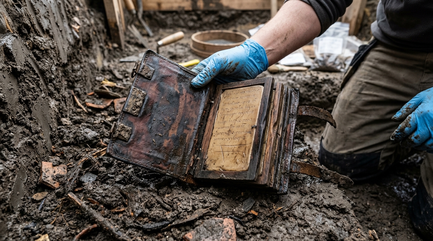 De uma latrina medieval na Alemanha, arqueólogos extraíram um caderno de couro imaculado que preservou a cursiva latina por séculos