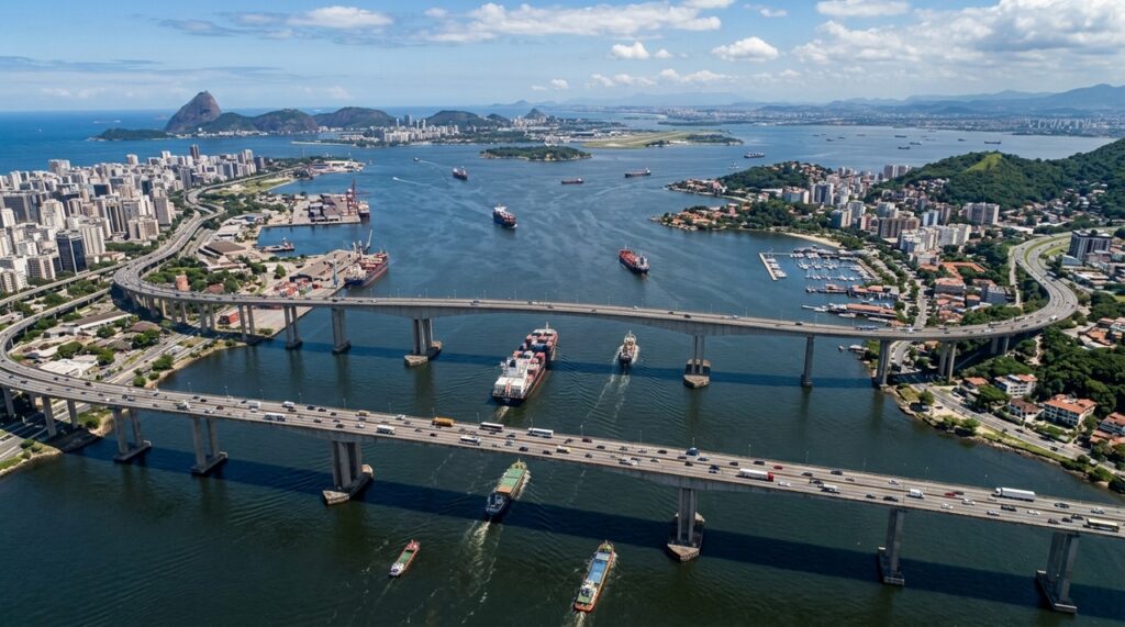 Construída no século XX para conectar diferentes regiões do país, a Ponte Rio-Niterói atravessa a Baía de Guanabara e utiliza uma extensa estrutura elevada para permitir a passagem de veículos e embarcações